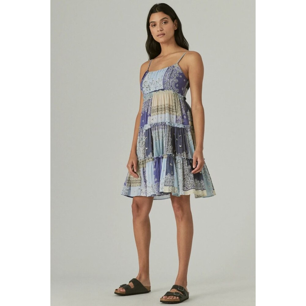 Lucky Brand Babydoll Tiered Dress Sz L Boho Festival Y2K Blue Patchwork Cotton - Picture 6 of 16
